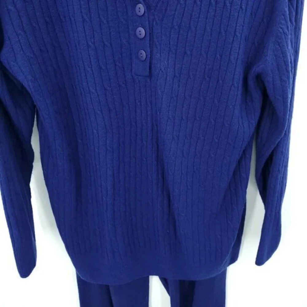 VTG 90s Matching Knit Polo Sweater/Pull On Full Length Straight Pants Set M Blue
